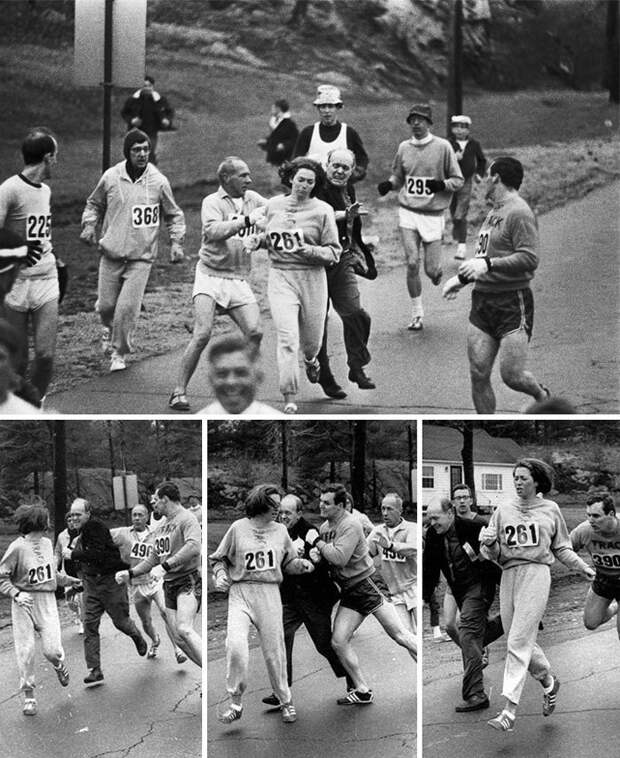 1967-й. Катрин Швитцер - первая женщина, пробежавшая Бостонский марафон. Когда организатор Джок Семпл увидел, что бежит женщина, пытался остановить ее (но у него не получилось) демонстрации, женщины, кадры, общество, протест, сильные женщины, сильные фотографии, фото