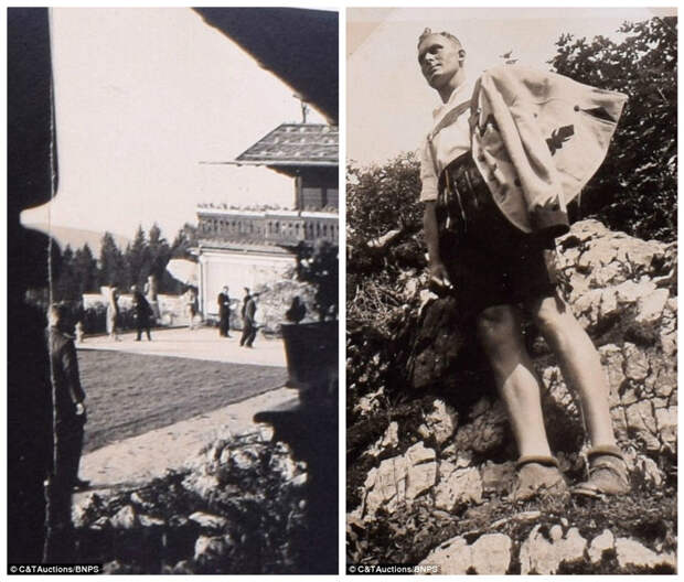 Сад и площадка для прогулок на территории Бергхофа (слева), мужчина в национальных баварских кожаных штанах "ледерхозен" на прогулке в горах рядом с резиденцией (справа) адольф гитлер, гитлер, исторические фотографии, ретрофото, фотоальбом
