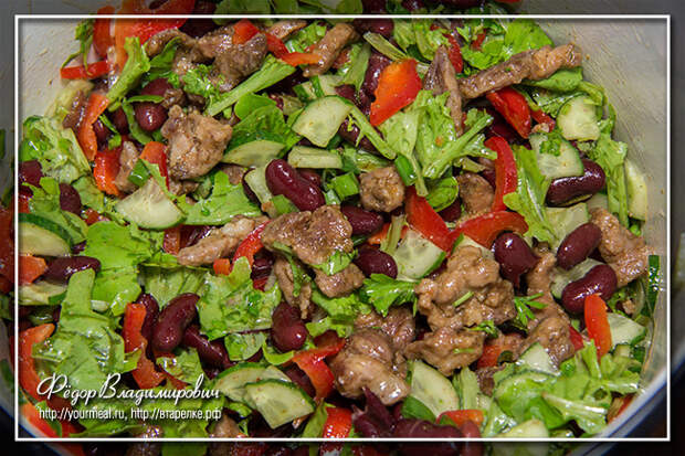 Салат из свежих овощей, фасоли и жареной свинины