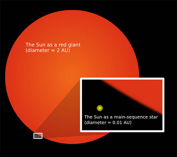 Сравнительные размеры Солнца в настоящее время и красного гиганта