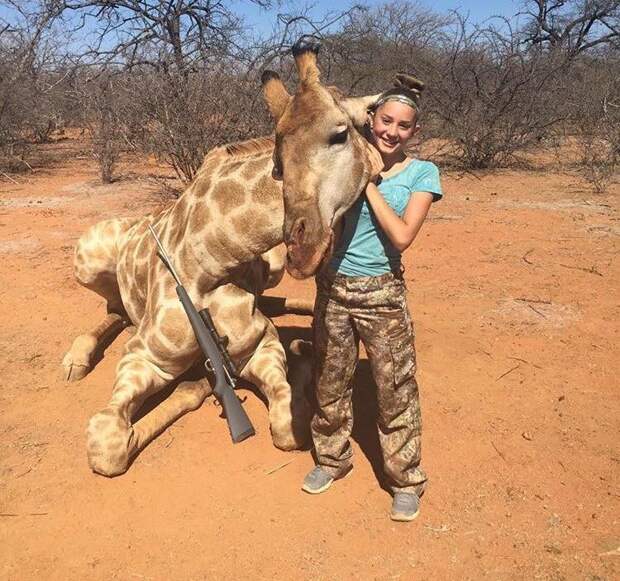 Ариана позирует с огромным жирафом, застреленным ею. дети, животные, охота