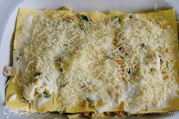 Присыпать тертым сыром пармезан и поставить лазанью запекаться на 20 минут до образования золотистой корочки.