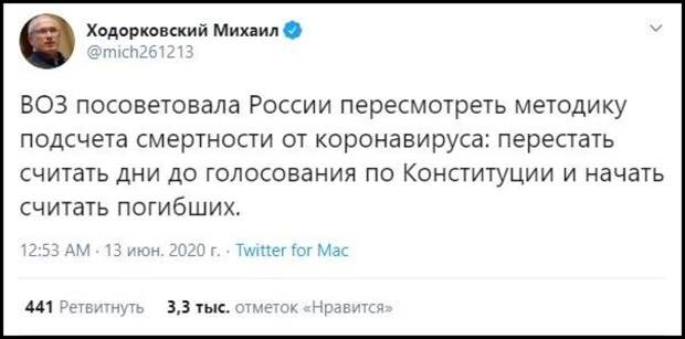 Ходорковский вводит россиян в заблуждение по «рекомендациям ВОЗ» о смертности от COVID-19