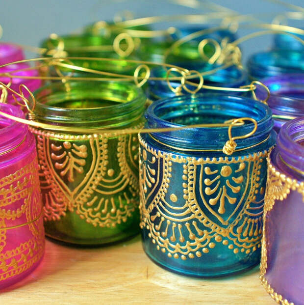 Набор из четырех фонарей марокканского обету держатели-В Fuschia, фиолетовый, бирюзовый, зеленый и стекла с золотыми вставками