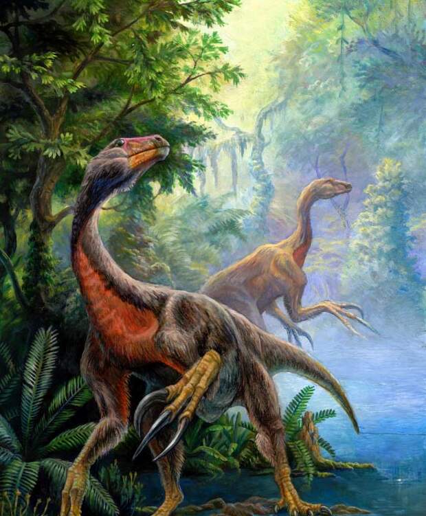 Пара Beipiaosaurus, небольших оперенных теплокровных динозавров. Одного взгляда на них достаточно, чтобы понять, почему млекопитающие той эпохи предпочитали ночной образ жизни / ©Pavel Riha / CC BY-SA 3.0.