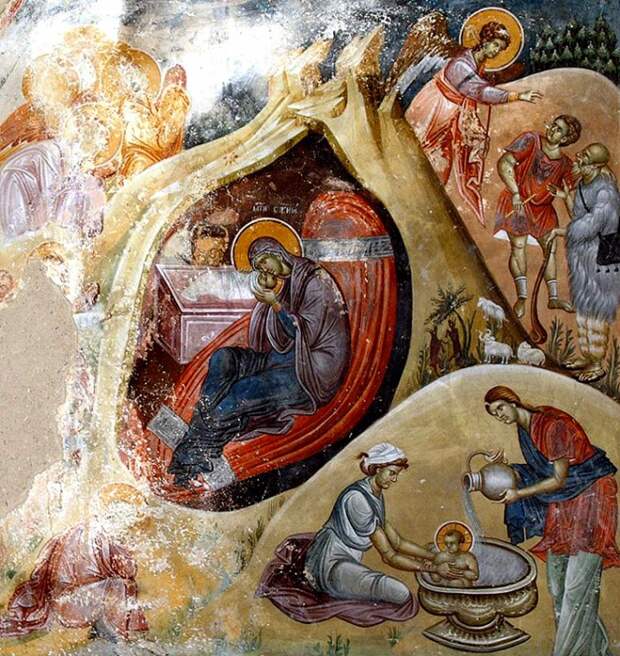 Рождество Христово: иконы и фрески.  Рождество Христово. Фреска. Монастырь Студеница. Сербия