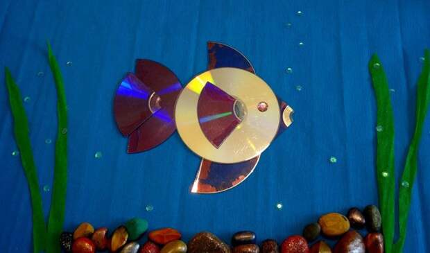 На цветной картон приклеивают диск. С помощью ножниц,цветной бумаги и клея ПВА блестящий кружок превращается в рыбку