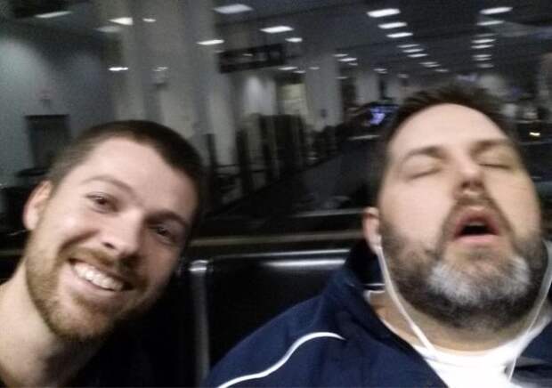 Just Got This Picture In A Text From My Husband's Phone. He's The One Sleeping. I Don't Know That Other Guy