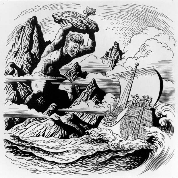 Циклоп Полифем бросает скалу в корабль Одиссея