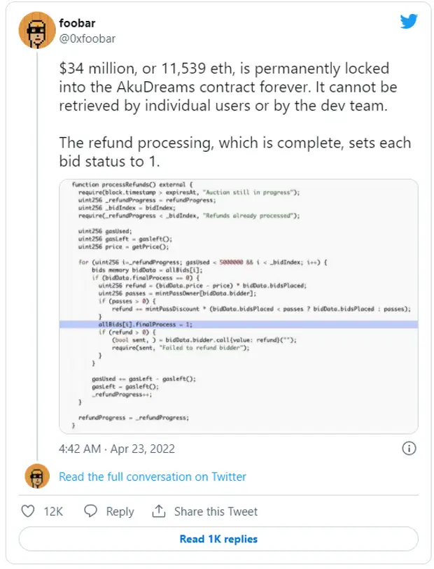 Из-за ошибки в коде пользователи голландского аукциона NFT-проекта AkuDreams лишились 11 539 ETH