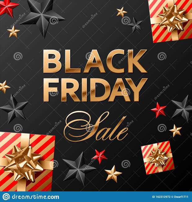 Black friday sale vector square banner or social network post template. Golden lettering with black, red, gold stars and gifts covered with red and gold striped paper with golden bows.