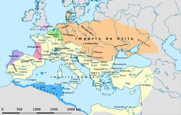 Империя гуннов Аттилы в середине V века н. э.