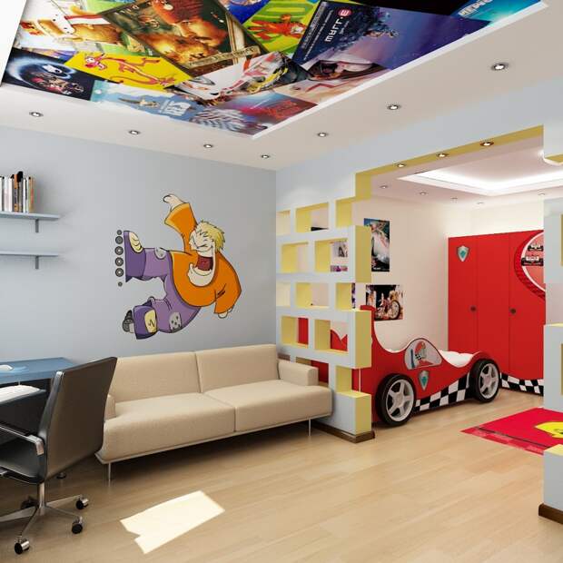 Дизайн детской комнаты для детей от 9 до 12 лет: комната зонирована по функциональным зонам, оформленная с использованием ярких цветов