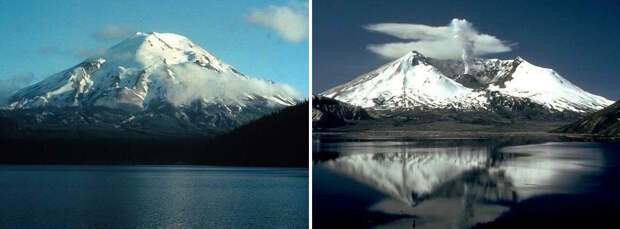 Так выглядела гора Святой Елены до извержения (слева) и и так выглядит теперь