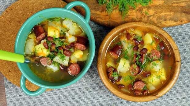 Суп с копчеными колбасками и  фасолью Суп, Рецепт, Вкусняшки, С дедом за обедом, Видео, Длиннопост