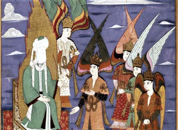 Изображение пророка Мухаммеда и ангелов на персидской миниатюре. 