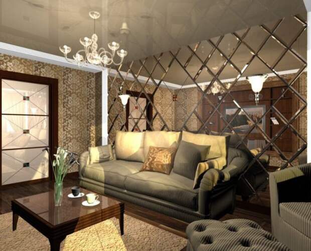 декор гостиной зеркалами