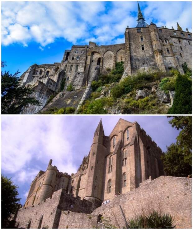 Монументальные очертания сооружений, которым уже более 1 тысячи лет (аббатство Мон-Сен-Мишель, Франция).