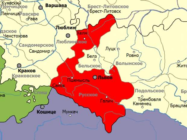 Местоположение Червонной Руси на современной карте Украины, Польши