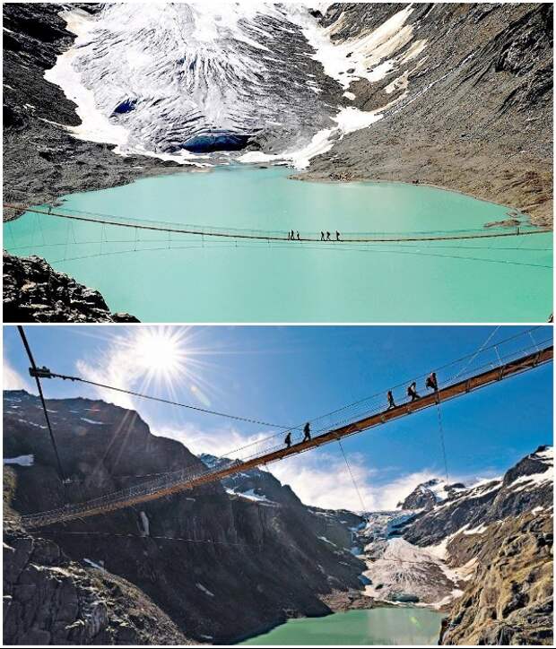 Благодаря этому подвесному мосту можно очень быстро добраться в Trift-Gletscher, расположенном в кантоне Вале. | Фото: bloganchoi.com/ livejournal.com.