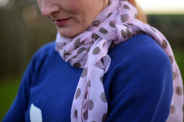 Pink polka dot scarf with navy