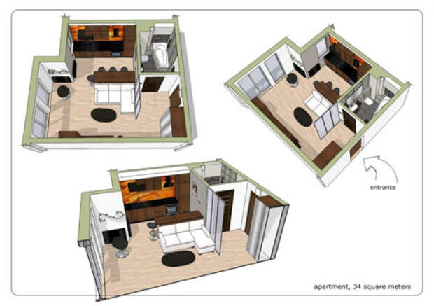 Стильный дизайн коричнево черно красной кухни в однокомнатной квартире студии