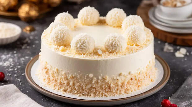 Торт «Рафаэлло»: нежнейший бисквит с кокосовой начинкой и воздушным кремом