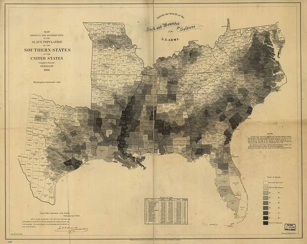 Карта распределения рабства в южных штатах США. Среди рабовладельцев находились и те, кто сами раньше являлись рабами. 