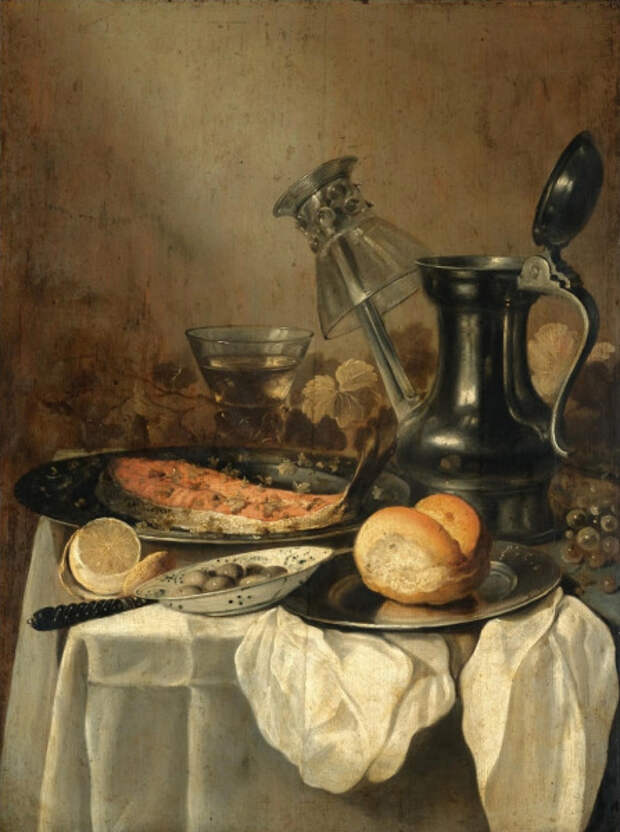 Питер Клас, «Натюрморт с кувшином, хлебом, лимоном и оливками», 1650 г.