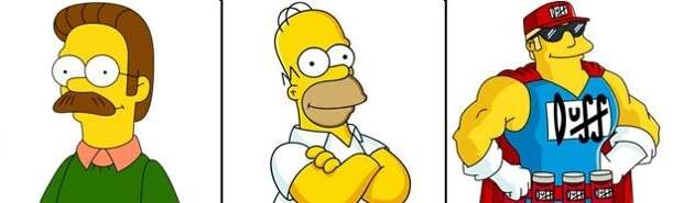Ned Flanders, Homer Simpson, and Duffman.