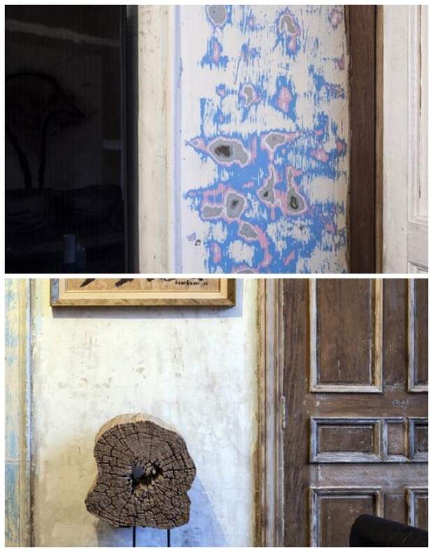 Оставленные нетронутыми стены и винтажные некрашеные двери сохранили несколько слоев старой краски.