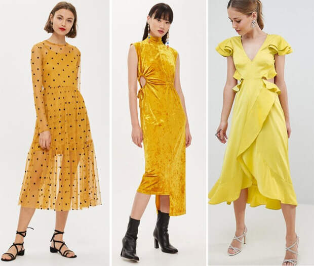 Платья желтого цвета и его оттенков на Новый год 2019: в горох, асимметричное из бархата, в романтическом стиле