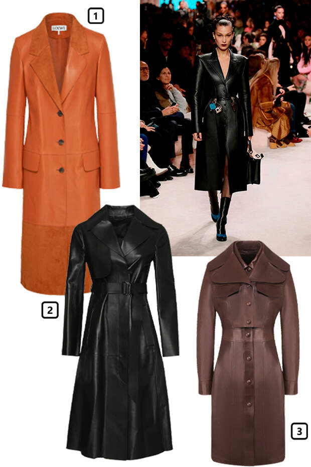 Fendi, осень-зима 2020/21 1) Кожаный плащ Loewe, 154 950 руб. (aizel.ru) 2) Кожаный плащ Sportmax, 186 700 руб. (ГУМ) 3) Кожаный плащ Burberry, 415 000 руб. (ЦУМ)