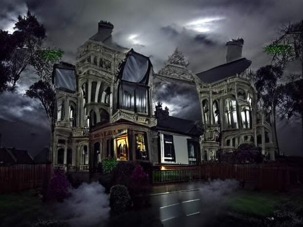 A house made mostly of grey stone, rickety balconies, and moonlight. A smaller two-windowed 1950s bungalow peers from beneath a floating turret.