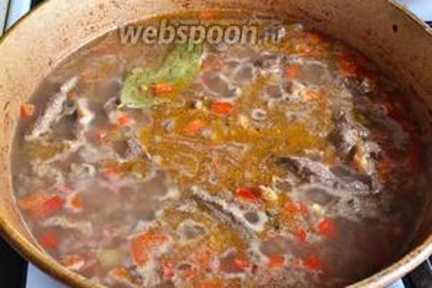 Заливаем мясо с овощами водой (500 мл, лучше кипятком), добавляем немного соли со вкусу (делаем чуть недосол, так как к мясу будем добавлять ещё огурцы), специи (3 горошины чёрного перца и 1 лавровый листик). Можно добавлять любимые специи, например, хорошо подойдут специи для говядины. Накрыть крышкой и тушить на медленном огне минут 30.