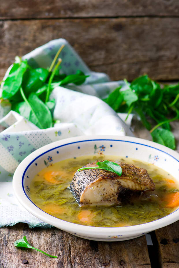 Soup with a sorrel fish. Selective focus. Style rustic