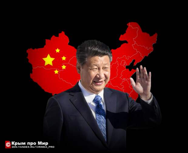 Глава Китая на фоне карты КНР, коллаж"Крым про Мир"