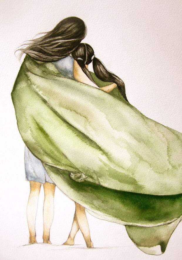 mother and daughter with green blanket art by claudiatremblay