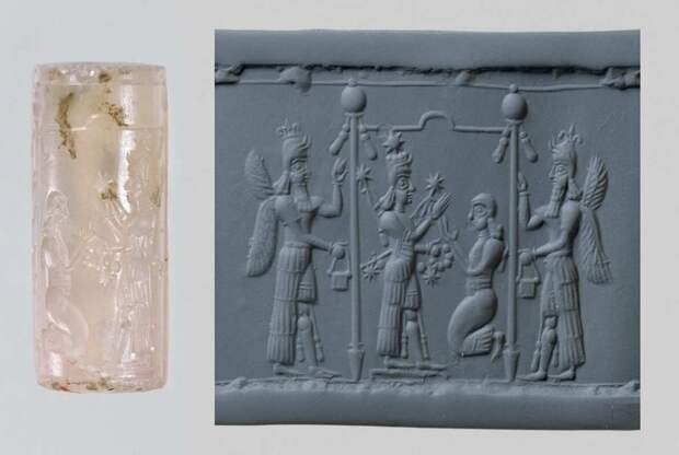 Месопотамская цилиндрическая печать с культовым знаком, конец 9-го - начало 8-го века до нашей эры, через Метрополитен-музей, Нью-Йорк.