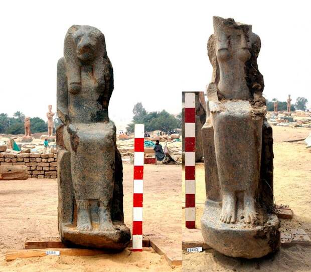 Статуи египетской богини Сехмет найденные археологами при раскопках в храме Мут в Карнаке, Иран.