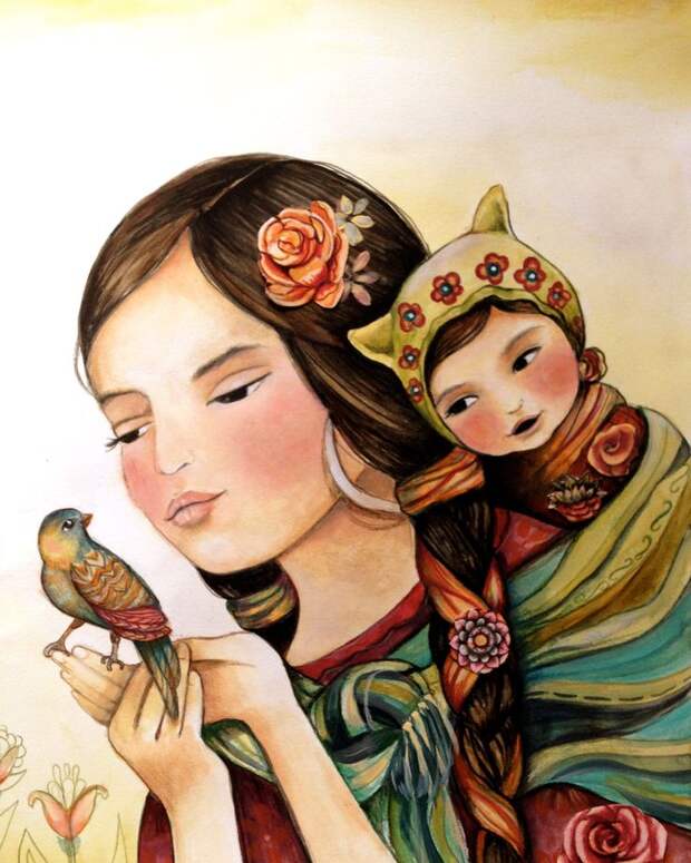 Mother and child with bird art print by claudiatremblay on Etsy