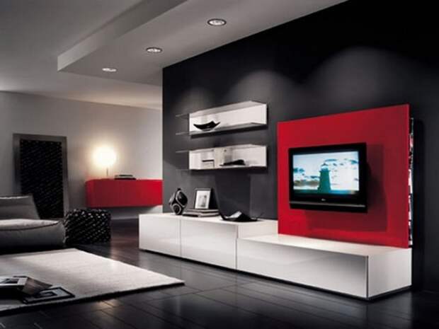 beautiful-black-white-wood-unique-design-modern-small-living-room-furniture-wallmount-tv-under-storage-wall-racks-wood-floor-white-carpet-feather-black-wall-paint-at-livingroom-as-well-as-modern-livin