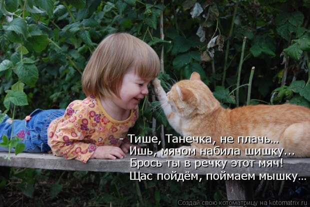 Котоматрица: - Тише, Танечка, не плачь… Ишь, мячом набила шишку... Брось ты в речку этот мяч! Щас пойдём, поймаем мышку…