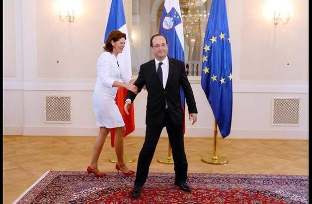 Hollande's handshaking gaffes do not just correlate with his time in Paris. Here he is in Slovenia, doing something we probably shouldn't talk about again.