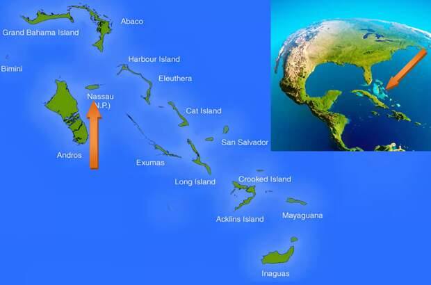 Расположение Багамских островов на карте мира. 