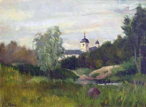 1890-е Пейзаж с церковью. Картон, масло. - Юон Константин Федорович