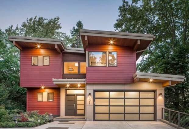 Красный цвет крыши и фасада дома в сочетании с бежевым и коричневым Фасад частного дома красного и коричневого цвета