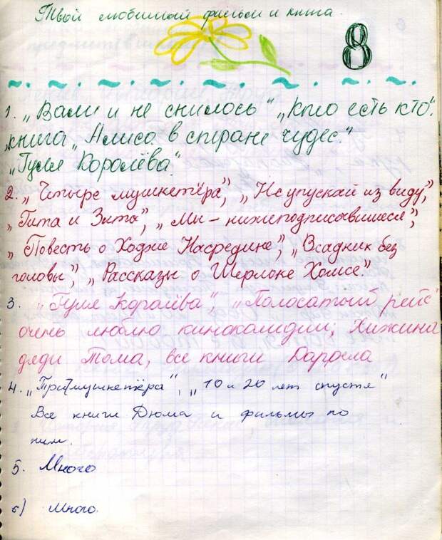 Страничка из анкеты Школьниковой Юлии (с). Начало 1980-х гг.