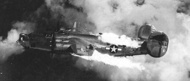 B-24 Liberator in flames after being attacked over Austria, 1944
