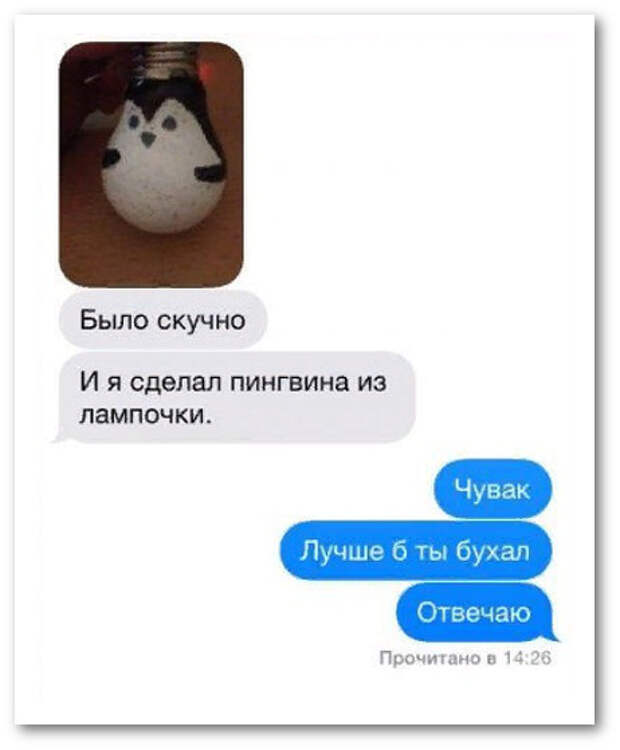 изображение: - Было скучно и я сделал пингвина из лампочки. - Чувак, лучше бы ты бухал. Отвечаю. #CМС приколы